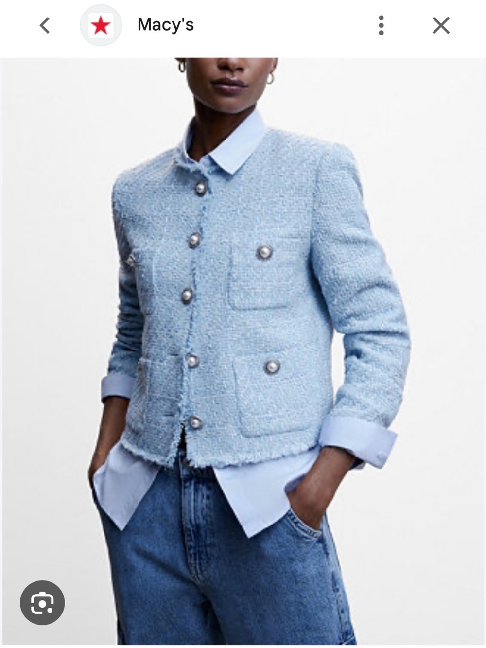Mango Powder Blue Tweed Pearl-Button Cropped Jacket
